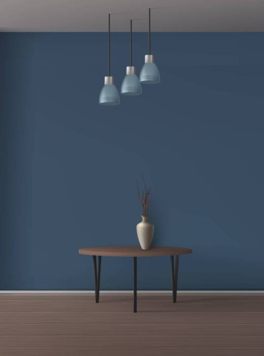 Modern apartment, home living room, gallery or cafe minimalistic, empty interior 3d realistic vector with tree dried branch in elegant vase standing on coffee table, three lamps hanging on ceiling